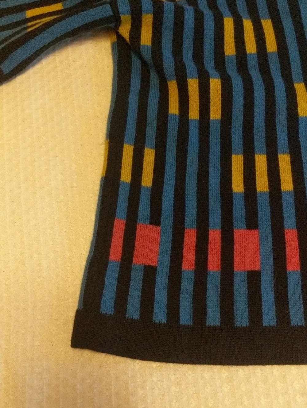 Blue Striped Short-Sleeve Knit Top with Yellow and Pink Accents - Picture 5 of 11